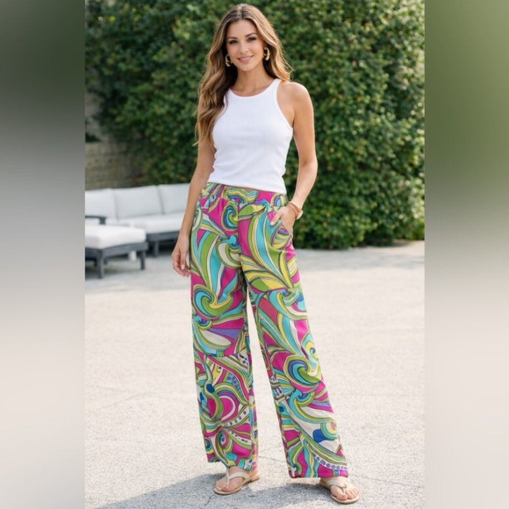 Mitoshop Palazzo Pants Multicolor Wide Leg Boho High Waist S